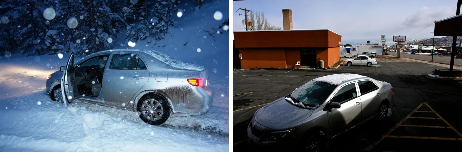 Twee foto's naast elkaar: links een zilverkleurige sedan vast in diepe sneeuw in het donker naast besneeuwde naaldbomen, rechts een parkeerplaats in Cedar City met een dun laagje sneeuw op een autodak en droog asfalt