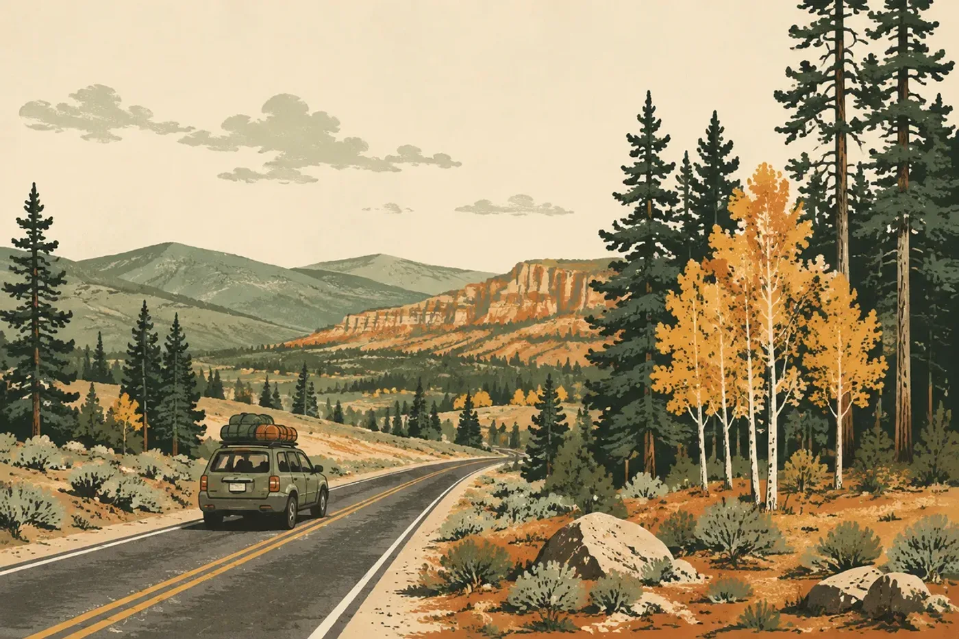 Une voiture sur une route de montagne à deux voies, avec des trembles aux couleurs dorées et des falaises rouges au loin
