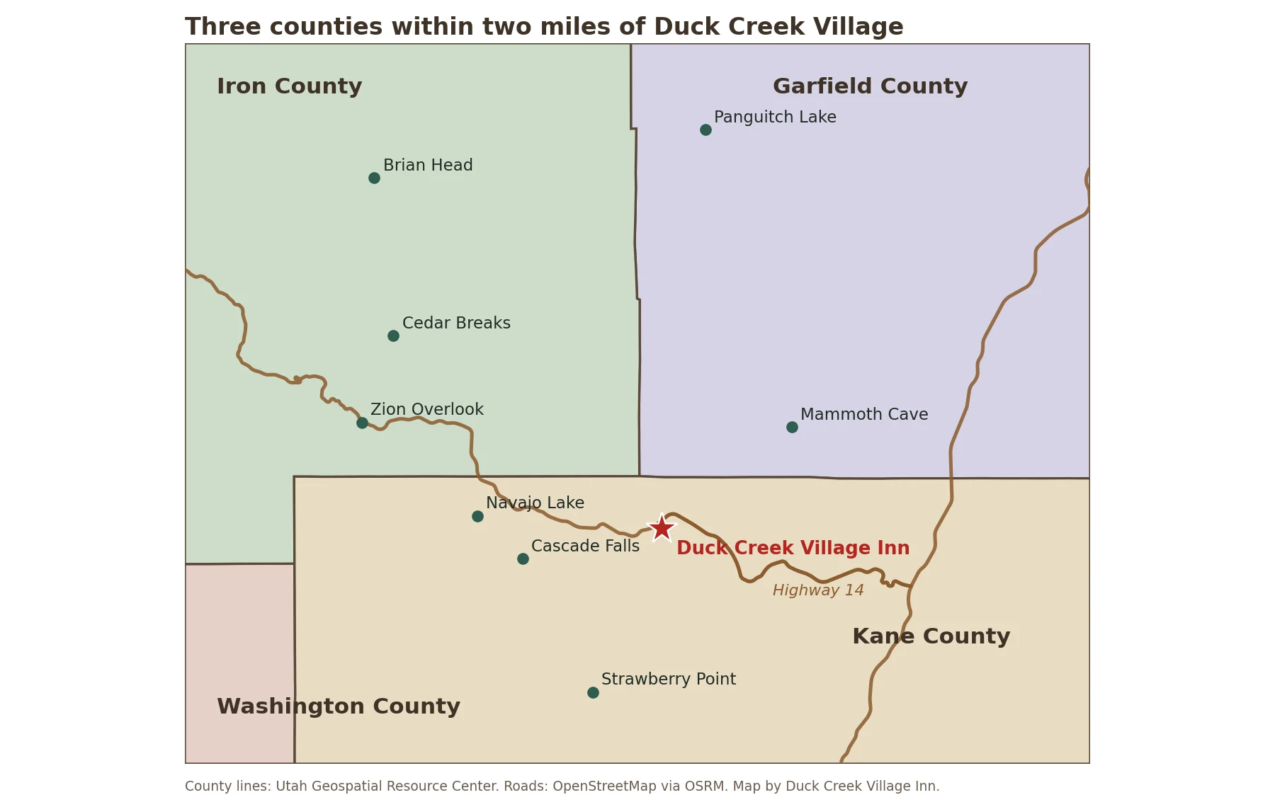 Mapa de los condados de Kane, Iron, Garfield y Washington alrededor de Duck Creek Village, con el hotel, la Highway 14 y puntos de interés cercanos en cada condado