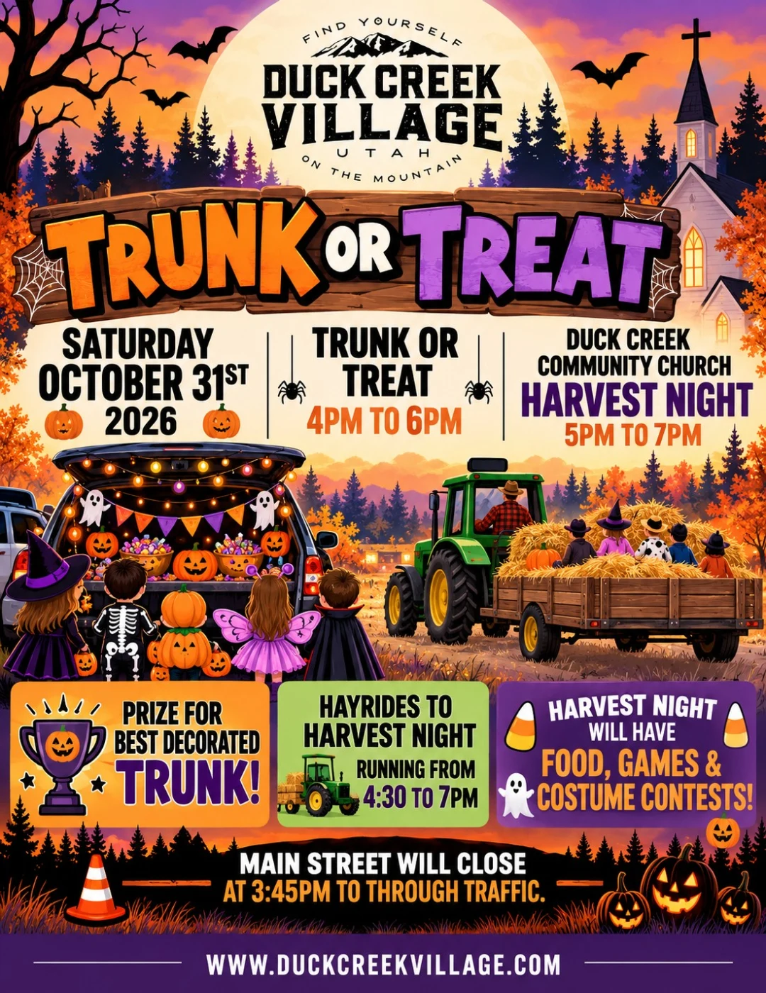 The 2026 Trunk or Treat flyer from Duck Creek Village, with the schedule for Trunk or Treat, Harvest Night and the hayrides on Saturday, October 31